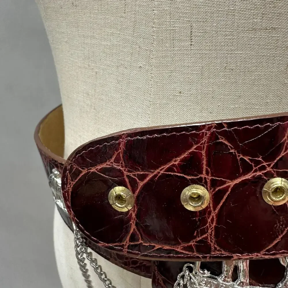 Catherine‎ Carson burgundy leather strap belt silver elephant & drop chain small